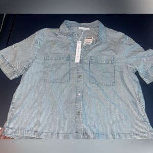 Short Sleeve Blue and White Vertical Striped Button Down